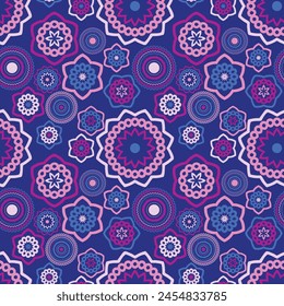 Luxurious mandala seamless pattern in neon colors. Vector illustration for print, fabric, cover, packaging, interior decor, blog decoration and other your projects.
