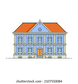 Luxurious mansion. House in pixel art style. Illustration for 8 bit arcade video game design. Vector graphics isolated on white background. Front view, cartoon style with outline.