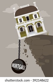 Luxurious mansion teetering on the edge of the cliff, pulled down by a weight of mortgage, EPS 8 vector illustration