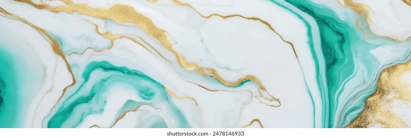 Luxurious marble wallpaper background. Luxury marble texture with gold glitter and aqua green tone. Aqua ocean blue marbling with natural luxury style swirls of marble and gold powder geode pattern.