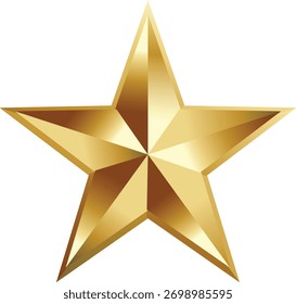 Luxurious metallic golden 3D five-pointed star award symbol, isolated on white background for premium design.