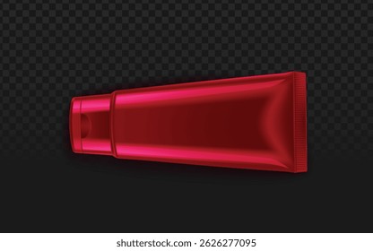 Luxurious metallic red cosmetic tube with reflective finish, perfect for high-end skincare, lip gloss, or lotion mockups. Ideal for beauty branding and e-commerce product displays.
