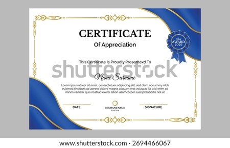 Luxurious minimal certificate design template for appreciation or achievement with abstract organic shapes, white-blue-gold gradient tones, and elegant golden frame for professional recognition.
