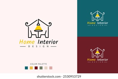 Lujoso concepto de diseño de logotipo de interior de hogar mínimo para colgar luz, silla y mesa, línea de decoración para el hogar Art Log Design