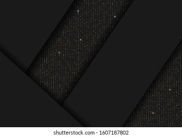 Luxurious minimalist black invitation. Golden ribbon banner on a blue background with a pattern of oblique lines. Realistic gold strip with an inscription. Gold lace. VIP invitation. Vector