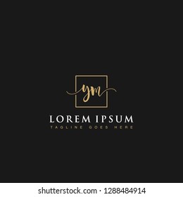 Luxurious minimalist elegant handwritten Initials letters YM linked inside square line box vector logo designs inspirations in gold colors for brand, hotel, boutique, jewelry, restaurant or company 