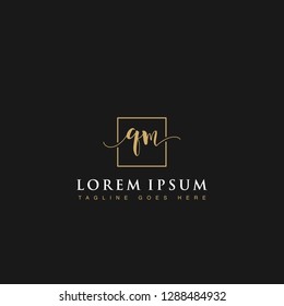 Luxurious minimalist elegant handwritten Initials letters QM linked inside square line box vector logo designs inspirations in gold colors for brand, hotel, boutique, jewelry, restaurant or company 