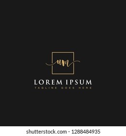 Luxurious minimalist elegant handwritten Initials letters UM linked inside square line box vector logo designs inspirations in gold colors for brand, hotel, boutique, jewelry, restaurant or company 