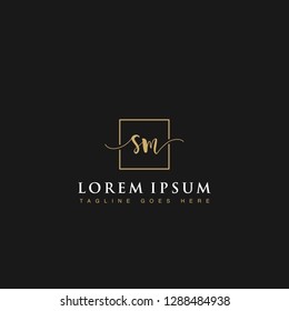 Luxurious minimalist elegant handwritten Initials letters SM linked inside square line box vector logo designs inspirations in gold colors for brand, hotel, boutique, jewelry, restaurant or company 