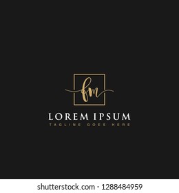 Luxurious minimalist elegant handwritten Initials letters FM linked inside square line box vector logo designs inspirations in gold colors for brand, hotel, boutique, jewelry, restaurant or company 