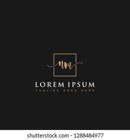 Luxurious minimalist elegant handwritten Initials letters NM linked inside square line box vector logo designs inspirations in gold colors for brand, hotel, boutique, jewelry, restaurant or company 