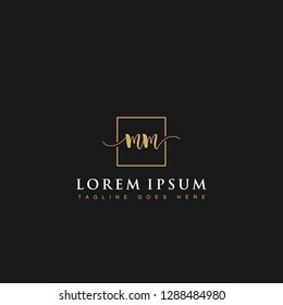 Luxurious minimalist elegant handwritten Initials letters MM linked inside square line box vector logo designs inspirations in gold colors for brand, hotel, boutique, jewelry, restaurant or company 