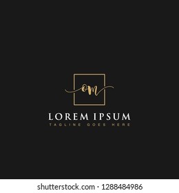 Luxurious minimalist elegant handwritten Initials letters OM linked inside square line box vector logo designs inspirations in gold colors for brand, hotel, boutique, jewelry, restaurant or company 