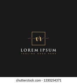 Luxurious minimalist elegant handwritten Initials letters VR linked inside square line box vector logo designs inspirations in gold colors for company, hotel, boutique, jewelry, restaurant or branding