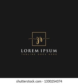 Luxurious minimalist elegant handwritten Initials letters ZR linked inside square line box vector logo designs inspirations in gold colors for company, hotel, boutique, jewelry, restaurant or branding