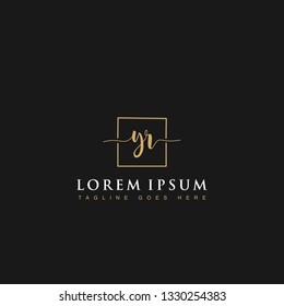 Luxurious minimalist elegant handwritten Initials letters YR linked inside square line box vector logo designs inspirations in gold colors for company, hotel, boutique, jewelry, restaurant or branding