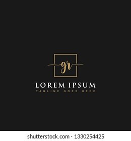 Luxurious minimalist elegant handwritten Initials letters GR linked inside square line box vector logo designs inspirations in gold colors for company, hotel, boutique, jewelry, restaurant or branding