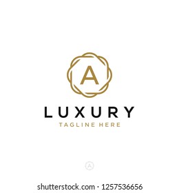 Luxurious minimalist elegant sophisticated Initial A letters geometric rounded hexagonal badge logo design vector with line art style in gold colors for hotel, boutique, jewelry, restaurant or company