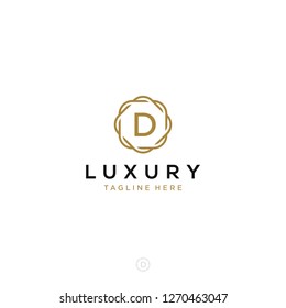 Luxurious minimalist elegant sophisticated Initial D letters geometric rounded hexagonal badge logo design vector with line art style in gold colors for hotel, boutique, jewelry, restaurant or company