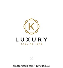 Luxurious minimalist elegant sophisticated Initial K letters geometric rounded hexagonal badge logo design vector with line art style in gold colors for hotel, boutique, jewelry, restaurant or company