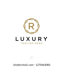 Luxurious minimalist elegant sophisticated Initial R letters geometric rounded hexagonal badge logo design vector with line art style in gold colors for hotel, boutique, jewelry, restaurant or company