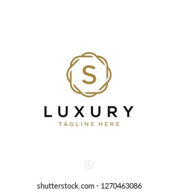 Luxurious minimalist elegant sophisticated Initial S letters geometric rounded hexagonal badge logo design vector with line art style in gold colors for hotel, boutique, jewelry, restaurant or company