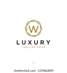 Luxurious minimalist elegant sophisticated Initial W letters geometric rounded hexagonal badge logo design vector with line art style in gold colors for hotel, boutique, jewelry, restaurant or company