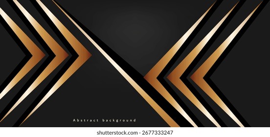 Un fondo abstracto lujoso y moderno. La estructura principal consta de líneas doradas y negras dispuestas en forma de chevronarrow de doble capa, creando una simetría y un diseño dimensional.