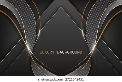Luxuriöser und moderner abstrakter Hintergrund mit überlappenden schwarzen geometrischen Formen und goldenen Linien. Vektorgrafik.