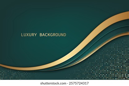 Luxurious and modern abstract design with overlapping curved ribbons in green and gold. Vector illustration.