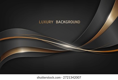 Lujoso fondo moderno superpuesto de ondas con cintas negras y doradas. Ilustración vectorial