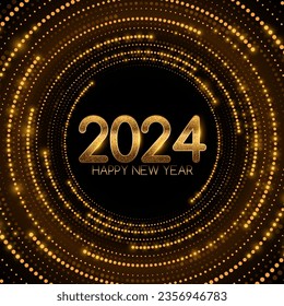 Luxurious modern banner for New Year 2024. Abstract circles with glowing dots and gold glitter numbers. Greeting card design. Vector illustration. EPS 10.