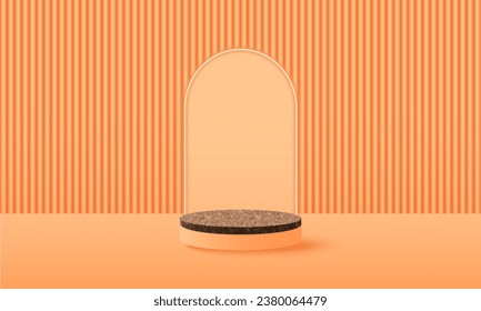 A luxurious modern horizontal orange background with a 3D podium and an arch shape in a minimalist style.The layout of the stage for cosmetic products.