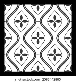 Luxurious Monochrome Floral Pattern | Intricate Geometric Tile Design for Fashion, Carpet, Home Décor, and Digital Art | Classic Black and White Aesthetic for Elegant Textiles and Graphic Creations.