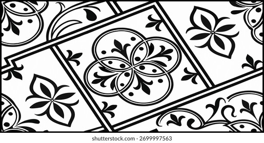 Padrão de vetor floral monocromático luxuoso | Design decorativo de telha geométrica para moda, têxteis, interior, tapete e arte gráfica | Textura Digital Elegante com Vintage e apelo moderno
