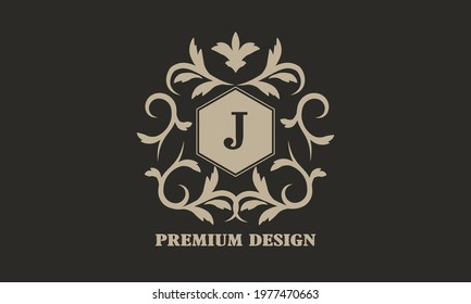 Luxurious monogram with the letter J. Emblem boutique, antiques, hotel, restaurant, cafe, heraldry, jewelry, postcards.