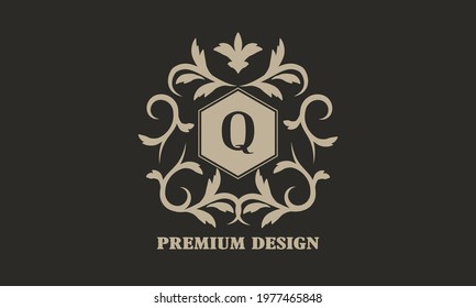 Luxurious monogram with the letter Q. Emblem boutique, antiques, hotel, restaurant, cafe, heraldry, jewelry, postcards.
