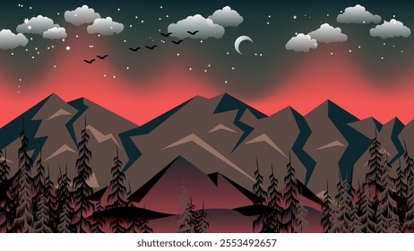 Luxurious mountain landscape. Coniferous trees at the bottom of the mountains against the background of the evening sky with the moon, stars, clouds, flying birds. Vector.