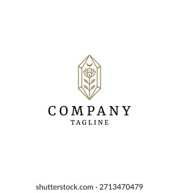 Lujoso y místico diseño de logotipo con un cristal geométrico que contiene una rosa floreciente y una luna creciente