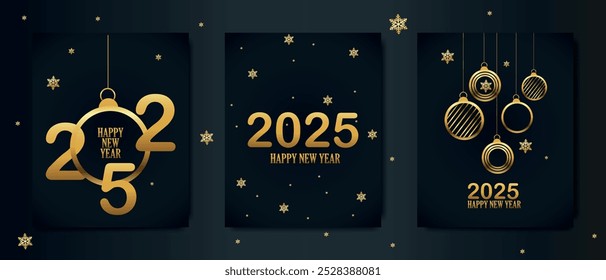 Luxurious New Year 2025 greeting card set with gold ornaments, snowflakes, and dark backgrounds for festive celebrations