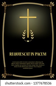 Luxurious Obituary Template With Golden Cross, Golden Vintage Frame And Light. Elegant Luxurious Funeral Announcement With Golden Decor On Black Background.