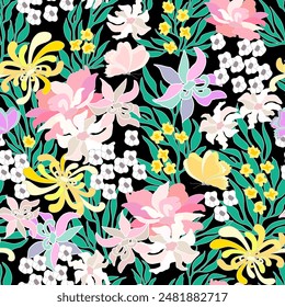 Luxurious oriental garden with blooming chrysanthemums, dahlias, lilies, wildflowers, butterflies. Artistic floral seamless pattern on black background. Asian style. Summer textile collection. Vector.