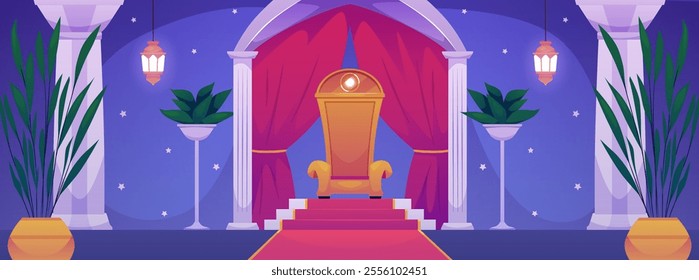 Luxurious oriental palace. Golden throne with red canopy, pedestal, carpet. Castle with columns, stars, lanterns, tubs with plants. Southern Kingdom Cartoon style Horizontal banner Vector illustration