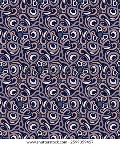 Luxurious ornate seamless pattern with curls. Overlapping art forms, stripes, polygons, segments are grouped and arranged in a certain order. Vector. 
