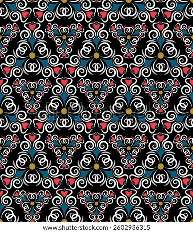 Luxurious ornate seamless pattern. Overlapping art forms, stripes, polygons, segments are grouped and arranged in a certain order. Vector. 