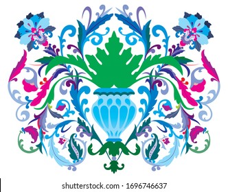 Luxurious paisley composition. pattern with fantasy flowers, floral decoration, decorative border for textile, wrapping, decor. Bohemian design.
