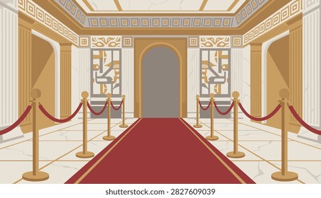 Luxurious palace hallway features a long red carpet path flanked by brass stanchions and elegant marble pillars under a decorative ceiling.