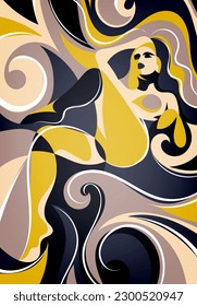 Luxurious panel in street art style. Abstract female portrait. Chaotic motley composition of wavy stripes, swirling abstract shapes and polygons. Vector.