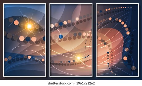 a luxurious panel of three abstract images in white frames. translucent flowing stripes, curved chains of circles, thin lines, glare and glow on a dark background. vector