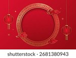 Luxurious paper cut empty round frame for Chinese New Year. Abstract 3d indented circle with clouds and glowing red lanterns. Frame with asian golden pattern. Festive asian cover. Vector EPS 10